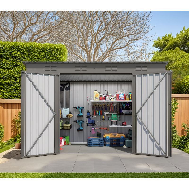4 X 9 Ft Outdoor Storage Shed, Metal Garden Shed Tool House With Sloping Roof,6 Vents And 2 Swing Doors For Backyard, Garden,Patio, Garage, Lawn