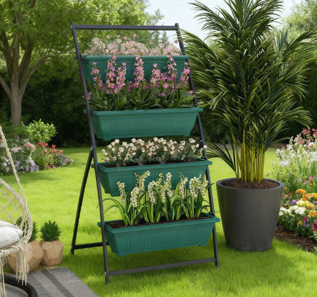 4-Tier Vertical Raised Garden Planter with 4 Boxes, Ideal for Small Spaces and Easy Plant Care, Vert