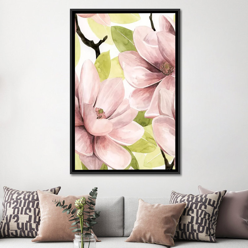" Blush Magnolia I ", 26" H x 18" W x 1.5" D, Black Framed Canvas, No Mat