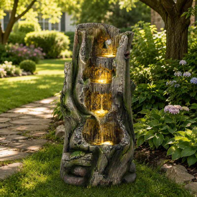 Fontaine de jardin en fausse souche d'arbre avec lumières DEL, fontaine extérieure en résine H 23,62 "