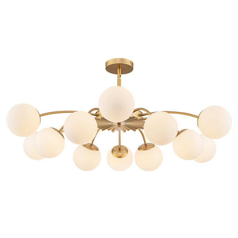 Gold Frame Opal Glass Globe Blossom Pendant Light, 12 Lights, 8.7" H x 39" W x 39" D