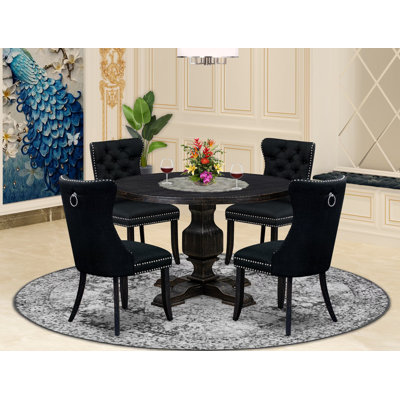 Ensemble de salle à manger 5 pièces comprenant une table ronde de 48 po avec piédestal et 4 chaises rembourrées en tissu de polyester noir, noir sablé