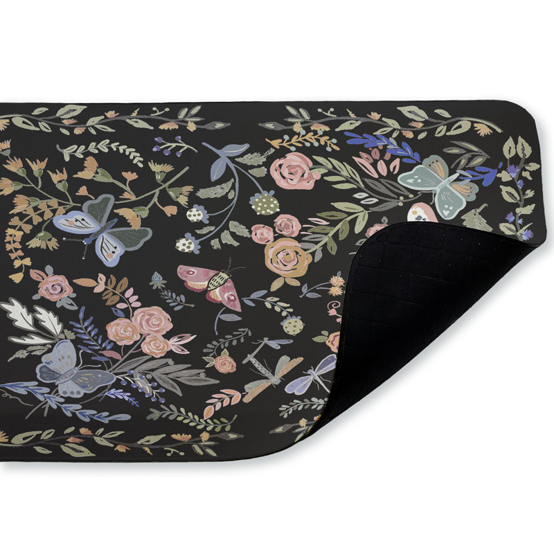 Tapis de sol anti-fatigue imprimé fleurs foncées et amis de jardin, design par Ani Del Sol, 30 po x 18 po