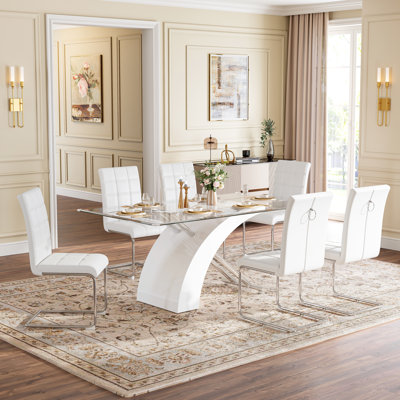 Modern Dining Table Set Of 7, 63" Clear Tempered Glass Table With Sculptural X-Shaped Base And 6 PU Leather Cantilever Chairs
