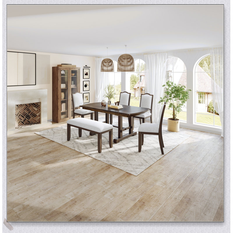 Ensemble de table de salle à manger extensible en bois 6 pièces avec rallonge amovible, chaises rembourrées et banc pour une assise confortable