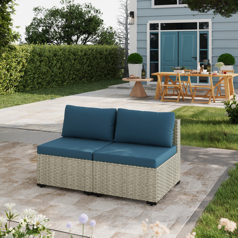 2 Pieces Design- Rattan Patio Sofa With Cushions, Peacock Blue