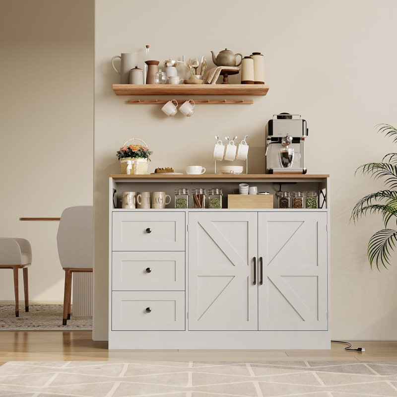 47.2 Inch Sideboard Buffet Cabinet with 2 Barn Doors and 3 Drawers, Farmhouse Wood Coffee Bar Cabinet with Charging Station