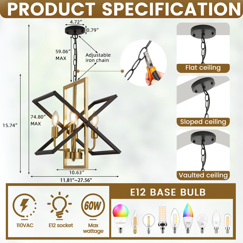 4 - Light Dimmable Geometric Chandelier, Matte Black/Gold