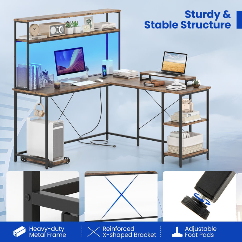 L-Shaped Gaming Desk Reversible Corner Computer Desk W/ LED Strip-Grey, Brown