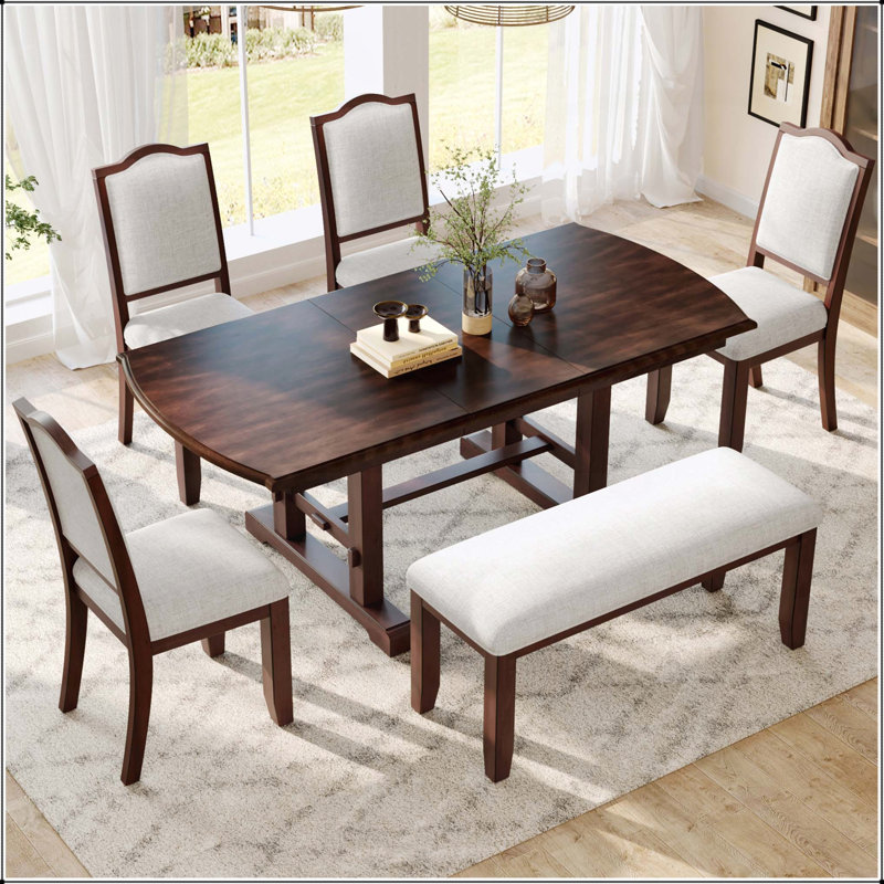 Ensemble de salle à manger extensible 6 pièces avec rallonge amovible, chaises rembourrées et banc pour une assise confortable, idéal pour les réunions de famille et les réceptions.