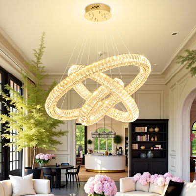 32 inch 3 Rings Crystal Chandeliers Gold Bedroom Chandeliers for Living room Dining Room Foyer High Ceiling