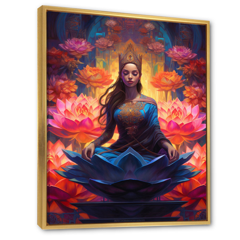 Bleu, rose, yoga, fleur de lotus, yogini, femme, 32" H x 24" W, Cadre flottant doré