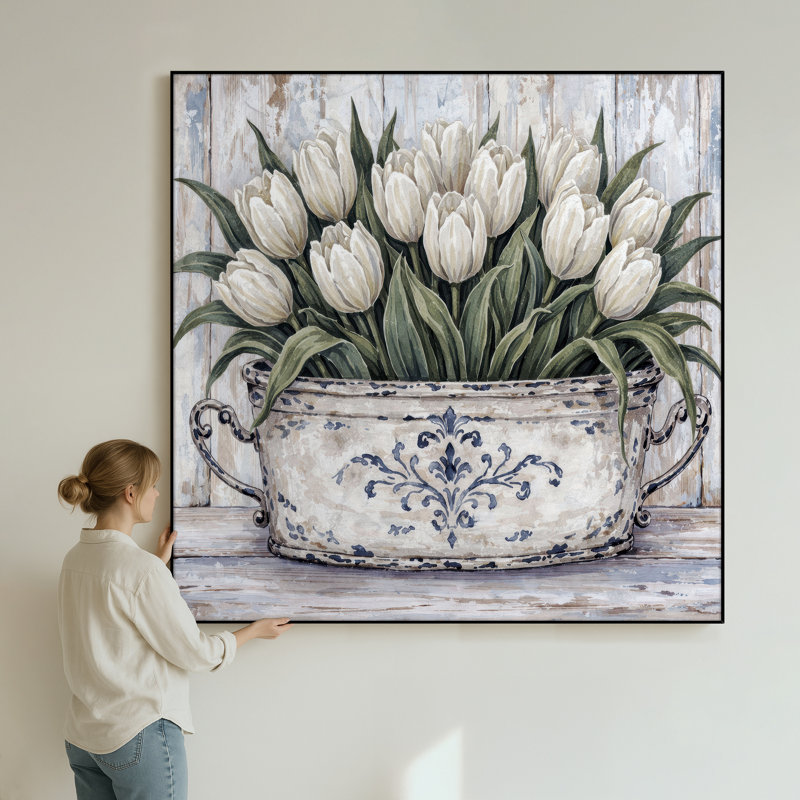 Très grand art mural imprimé sur toile - Jardinière florale tulipe blanche décor de salle à manger de ferme - "Assemblage requis (cadre non fini)"