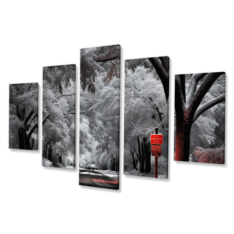 «Red and White Winter Silent Symphony II», art mural sur toile, 5 panneaux