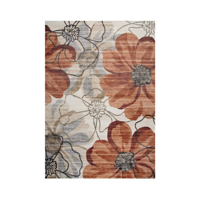 7' X 10' Red and Beige Floral Distressed Area Rug
