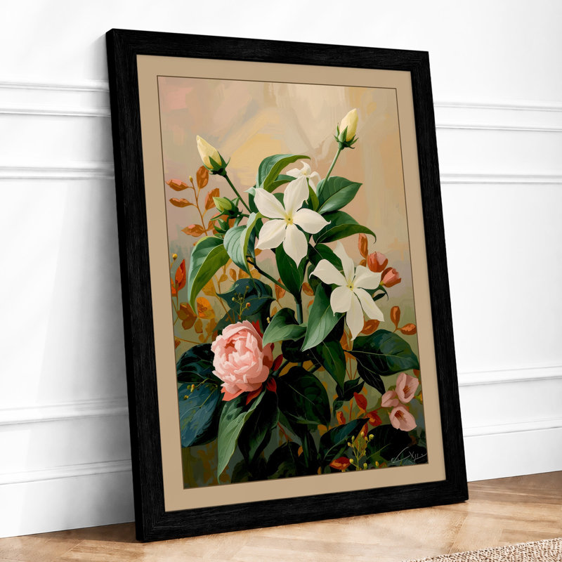 White Lilies With Roses Botanical - Print, Black, A3 - 42.0 x 29.7 cm