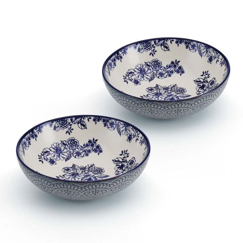 Gabriela 8" Blue and White Floral Ceramic Pasta Bowls, Set of 2