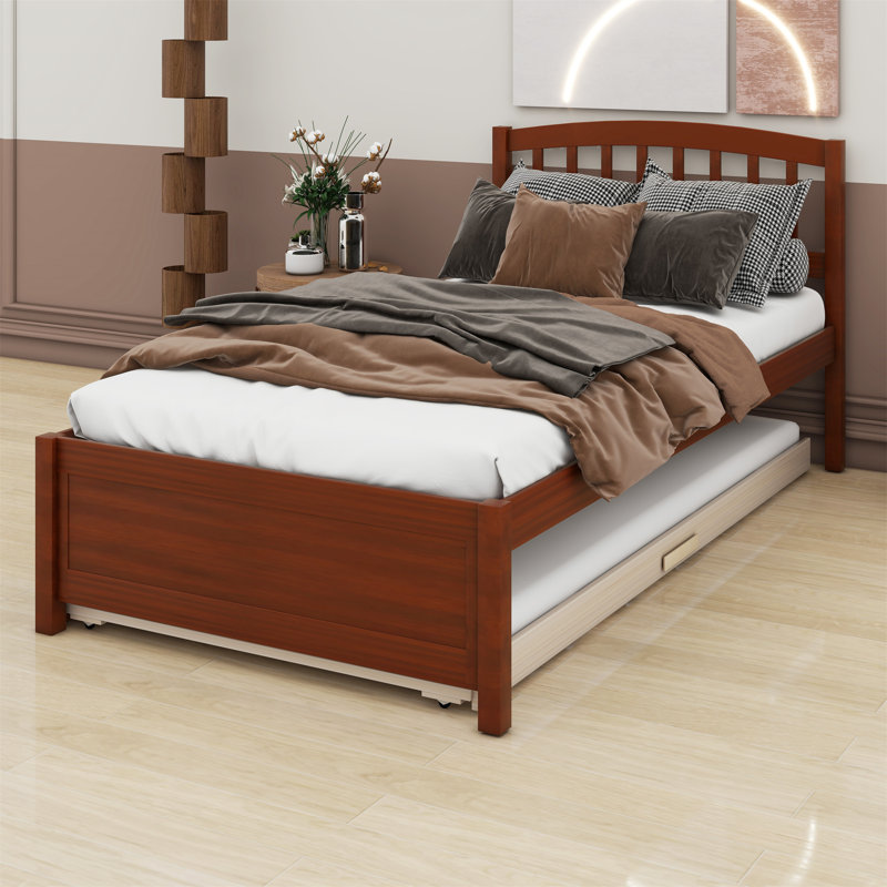 Structure de lit plateforme en bois avec lit gigogne, Noyer