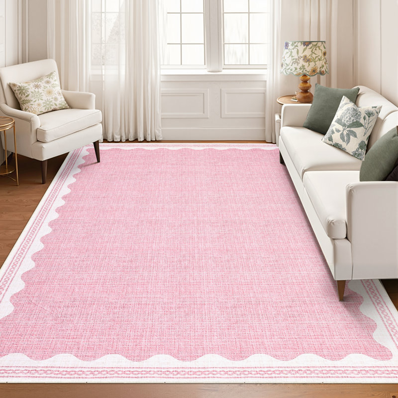 Scalloped Machine Washable Rug Modern Solid Floor Mats with Non-Slip Backing, Stain-Resistant Low Pile Accent Rug, Contemporary Indoor Carpet for Living Room, Bedroom, Office