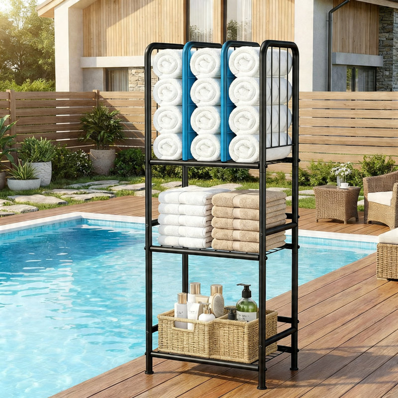 Porte-serviettes sur pied, support en métal avec tablette, 3 niveaux (noir)