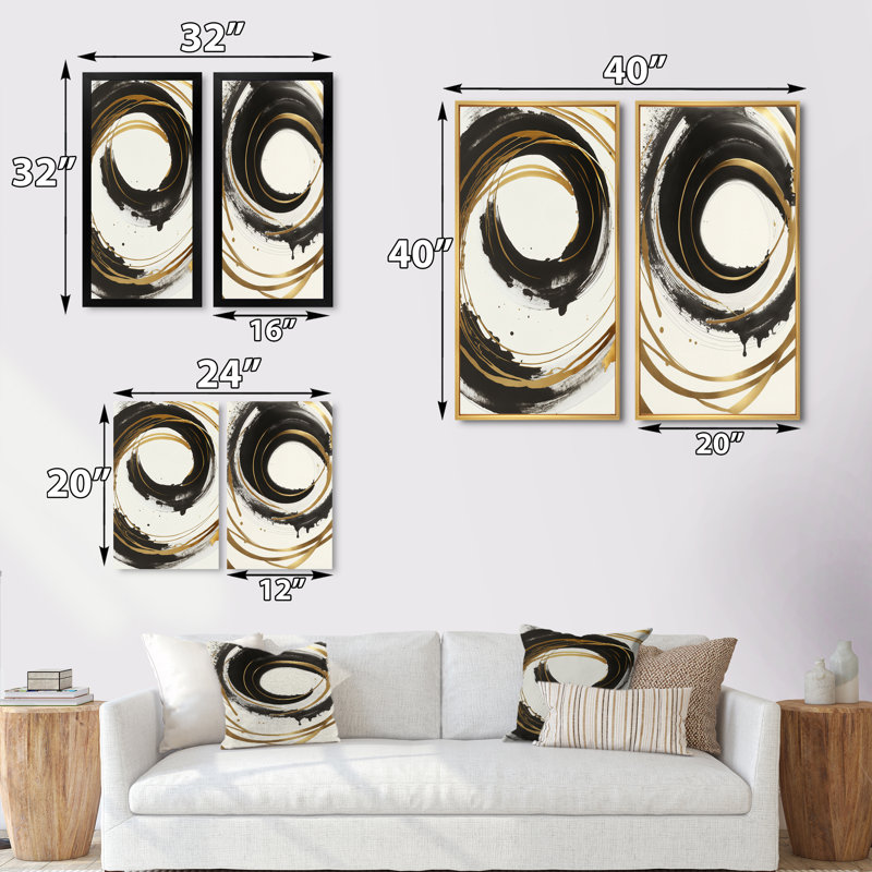 Courbes noires et dorées - ensemble d'art mural encadré de spirales abstraites de 2 - ensemble de galerie murale pour la décoration intérieure