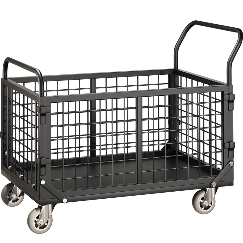 Platform Truck Cart With Cage, 5 In 1 Heavy Duty Platform Cart With Cage 2200 Lbs Capacity Foldable Push Cart., Black