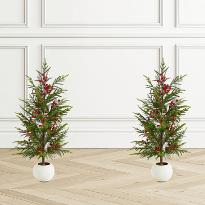 37.5"H Christmas Greenery PE Dripping Pine Porch Tree With Pinecones And Red Berries