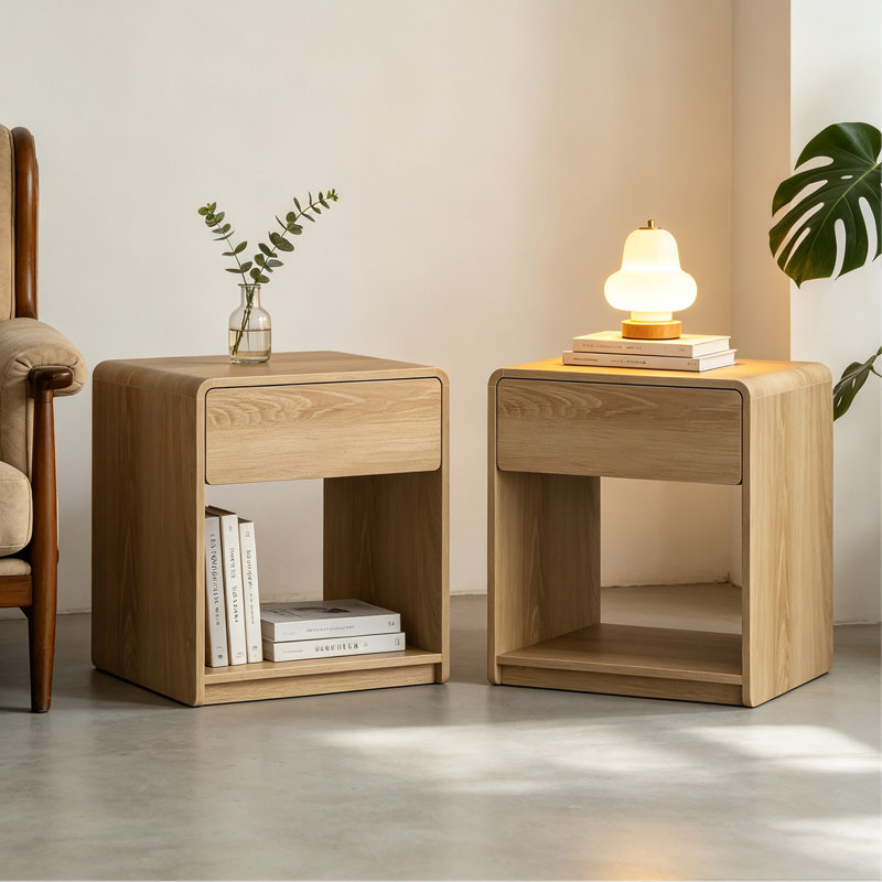 Ensemble de tables de chevet de style Mid-Century moderne, 2 pièces, avec tiroirs de rangement et tablettes ouvertes, table d'appoint de chambre à coucher avec coins arrondis, ensemble de tables de chevet compactes, couleur chêne