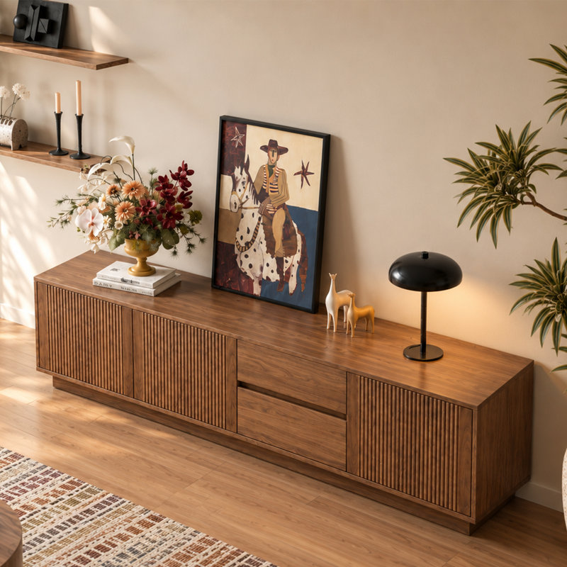 Meuble télé 78,7 po Mid-Century en noyer avec portes et tiroirs cannelés, console multimédia à profil bas