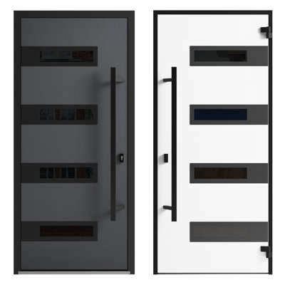 Front Exterior Prehung Steel Door Ronex 0131 Grey Top Exterior Window Sidelite Entry Metal Modern Painted W36 x H80+16 Right hand Inswing