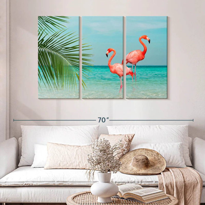 Flamingos And Coconut Leaves, 32" H x 50" W