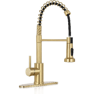 Brushed Gold Kitchen Faucet with Pull Down Sprayer Commercial Single Handle Stainless Steel Kitchen Faucets with Deck Plate