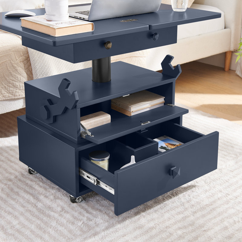 Table de bout roulante à hauteur ajustable laquée ultrabrillante avec station de charge et roues universelles avec freins, table à plateau relevable multifonctionnelle avec tiroirs de rangement pour la chambre à coucher du salon