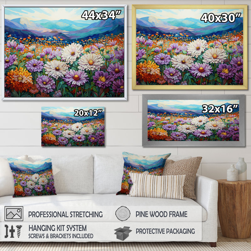«Mums Flowers In Mountain Scenery III», reproduction sur toile, Toile tendue, H 34 po x l 44 po x P 1,5 po