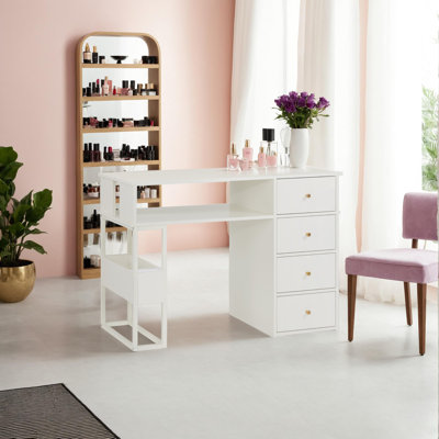 White Makeup Vanity Desk with Built-In Socket, Manicure Table with Storage Drawer and Metal Leg