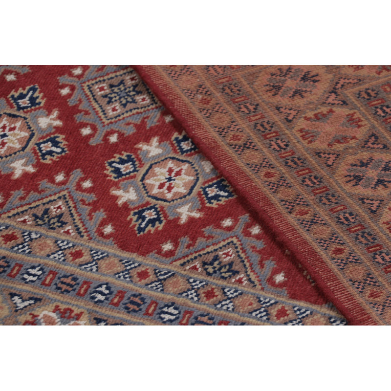 Vintage Bokhara Rug In Rich Red With Tan Geometric Patterns - Rug & Kilim