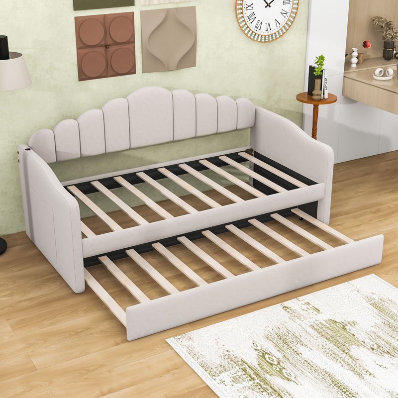 Twin Size Velvet Daybed with Twin Trundle and USB Charging Ports, Beige