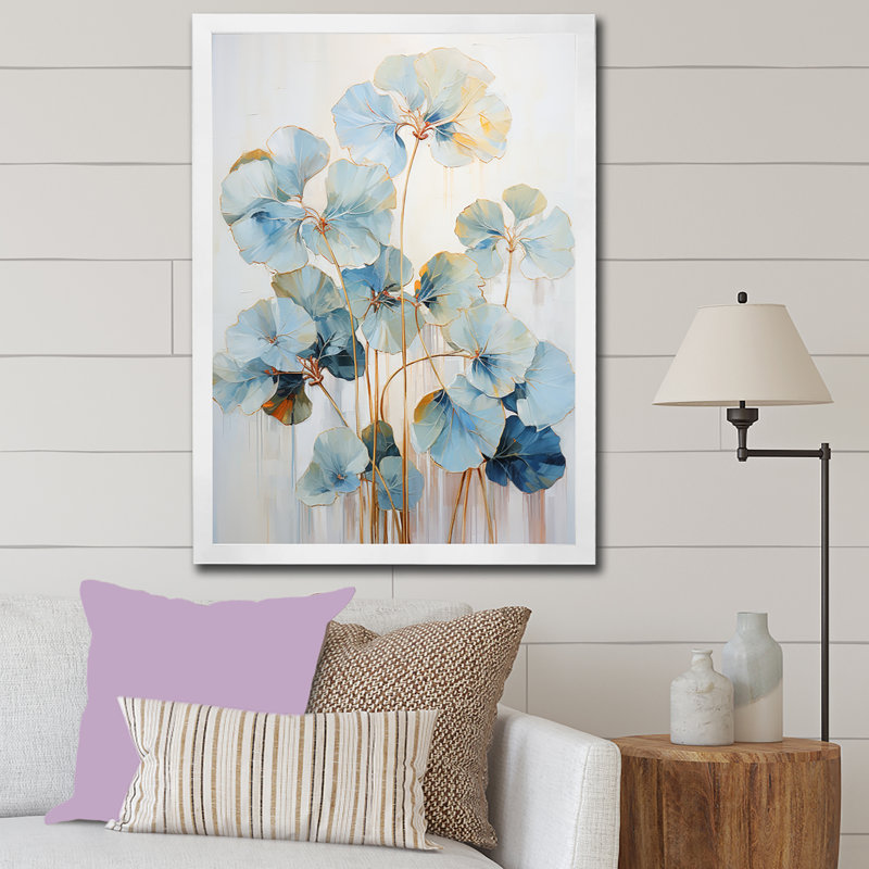 Geraniums dorés bleus II - impression, Cadre simple blanc, H 32 po x l 16 po x P 1 po