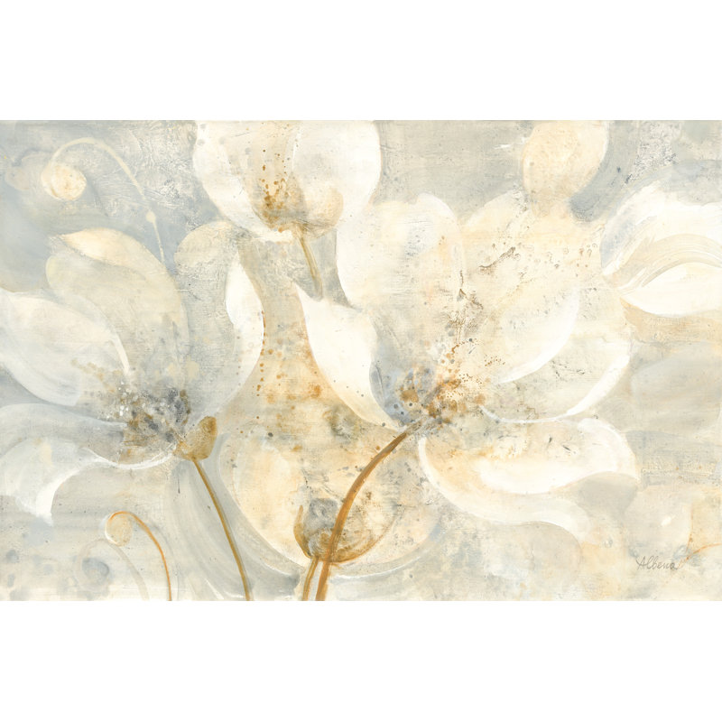 Fleurs crème, floral, pétales, brun clair, gris, vert, doré, brun, H 24 po x l 36 po x P 1,5 po