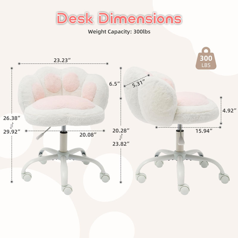 Vanity Chair with Wheels,Cute Cat Paw Office Chair with Back,360°Rotating Height Adjustable Armless Chair in Vibrant Color-Blocking,Small Desk Chair,Plush Cushion for Bedroom,Make-Up Room Home Office