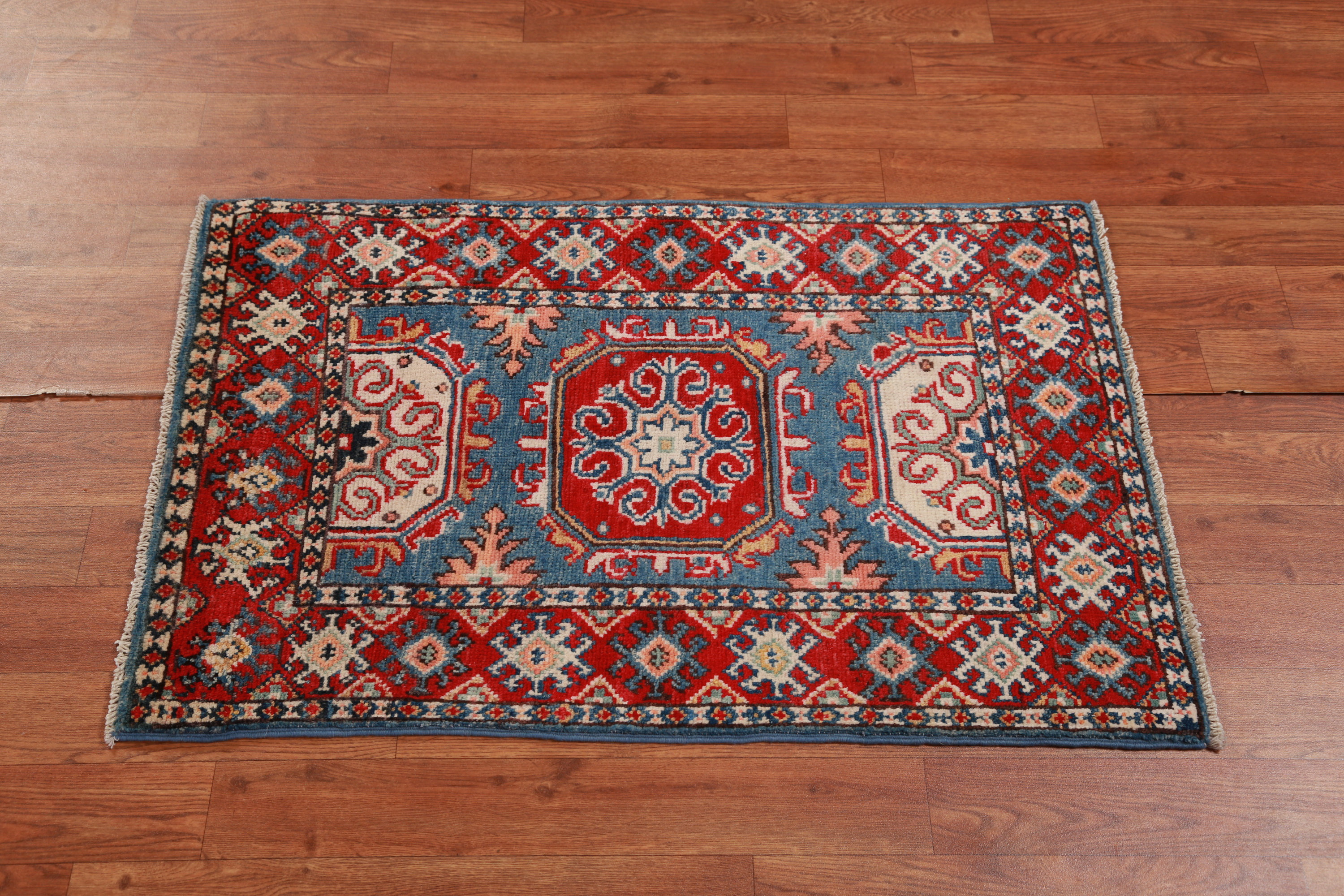 Kazak Handmade Blue Red Multicolor Wool Rug 2'9 x 3'9