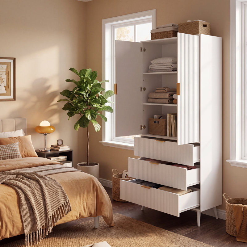 Tall fluted‑door storage cabinet with 3 drawers, adjustable shelves and tapered legs, freestanding wooden accent cabinet for living room, bedroom, entryway