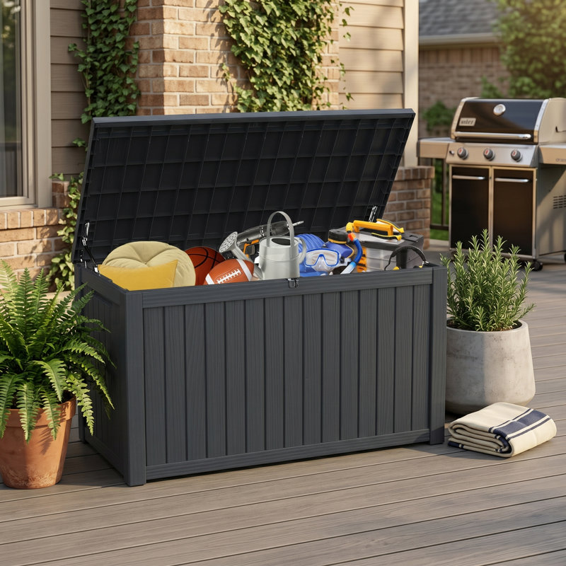 55.51" 180-Gallon Resin Outdoor Storage Deck Box with Lockable Lid, Black