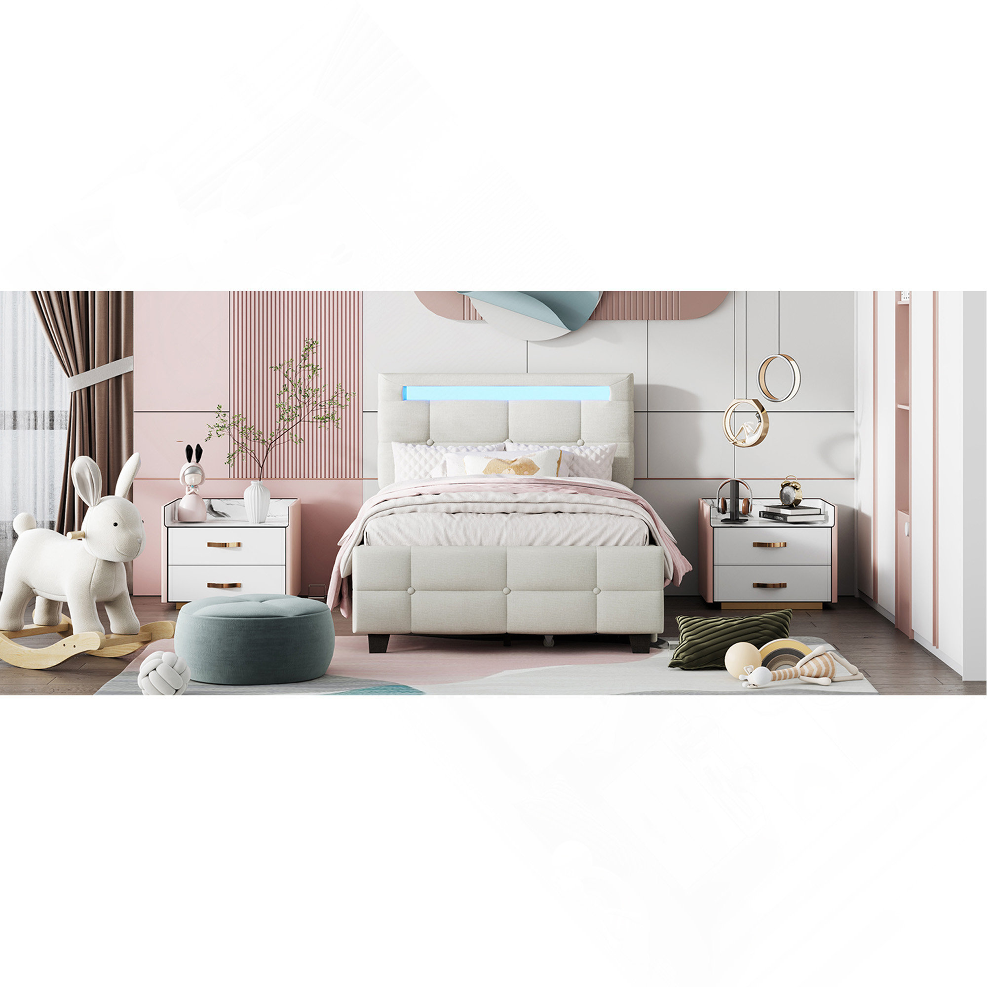 Ebern Designs Twin Size Upholstered Platform Bed With LED Frame And 2 ...