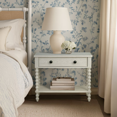 Madison Park Signature Beckett Antique Cream Large Turned Wood Spindle Nightstand with Drawer and Shelf