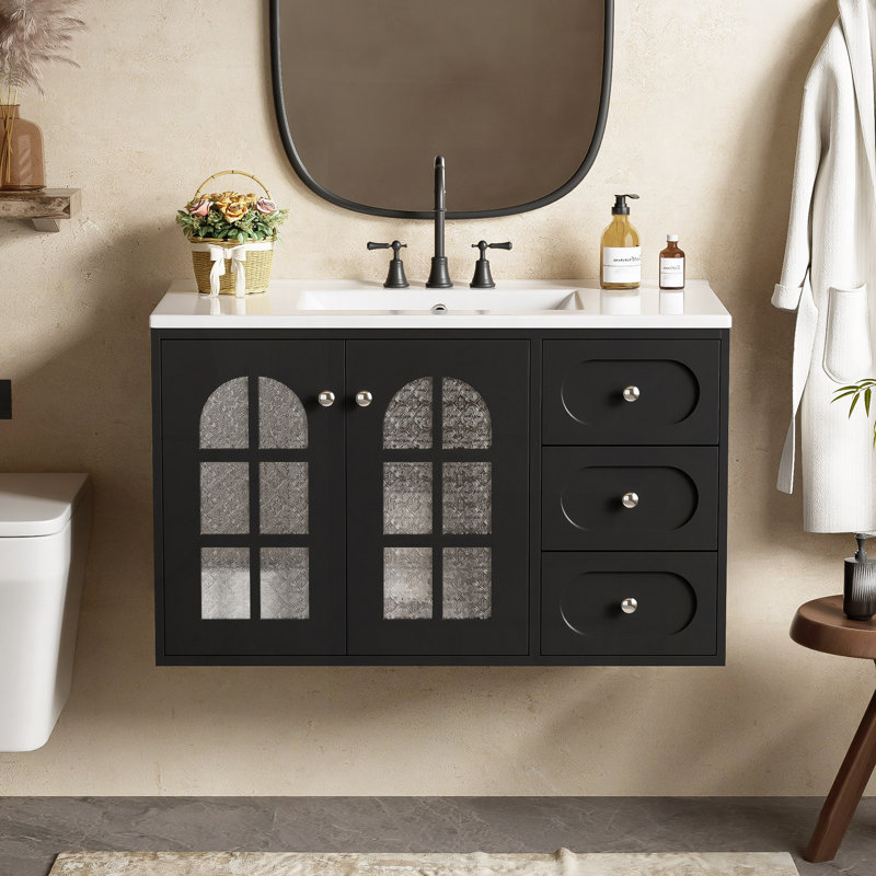 Meuble-lavabo flottant avec lavabo en céramique, armoire de salle de bain murale avec 3 tiroirs et armoire à fermeture en douceur, noir