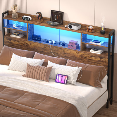 Storage Headboard with LED Lights, Bookcase Headboard with Charging Station