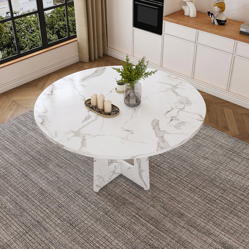 47.24" Round Dining Table for 4 - Farmhouse MDF Table with Marble White Finish, 300lb Capacity, Easy Assembly for Kitchen/Dining Room - Modern Spiced Table