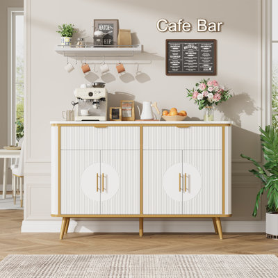 47.2" W Fluted Buffet Cabinet, Sideboard With 2 Drawers & 4 Fluted Doors, Storage Cabinet With Adjustable Shelves, Modern Coffee Bar Table For Living Room, Dinning Room, White