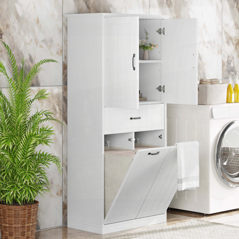 Tall Storage Cabinet with Two Laundry Baskets and Drawer - White, White